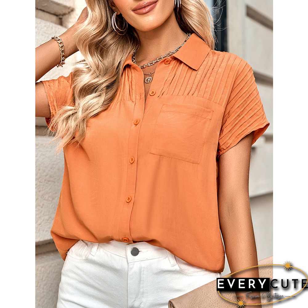 Orange Lapel Button Short Sleeve Pocket Shirt