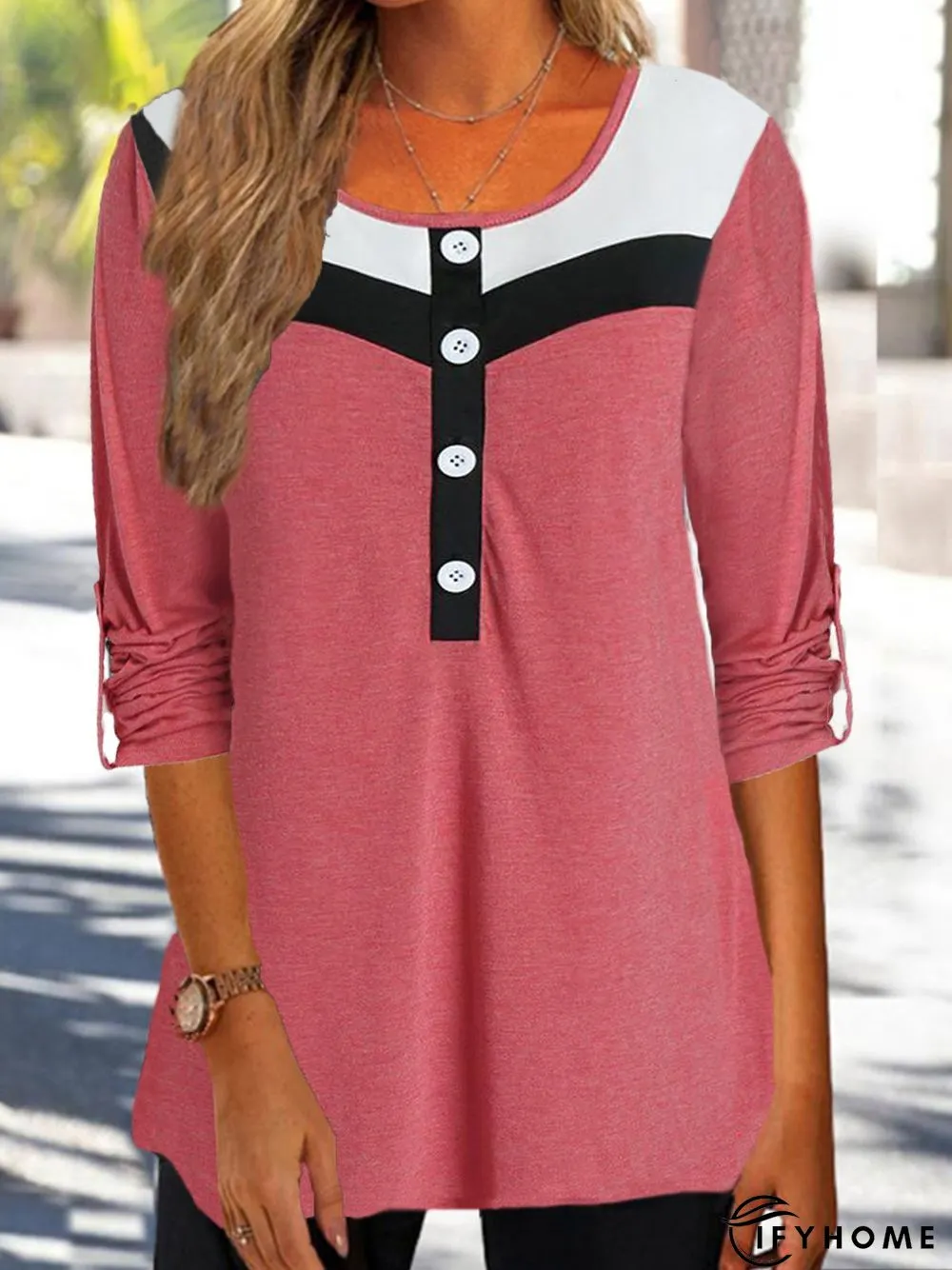Crew Neck Buckle Color Block Casual tunic T-Shirt | IFYHOME