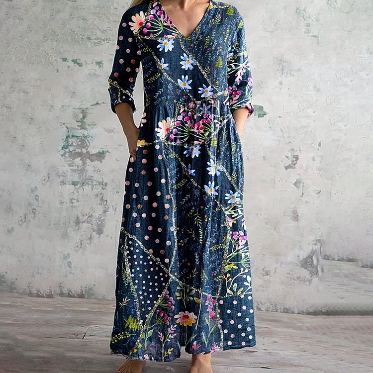 VChics Vintage Geometric Floral Print V-Neck Casual Midi Dress