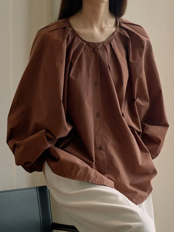 Buttoned Elasticity Pleated Solid Color Bishop Sleeve Long Sleeves Round-Neck Blouses&Shirts Tops