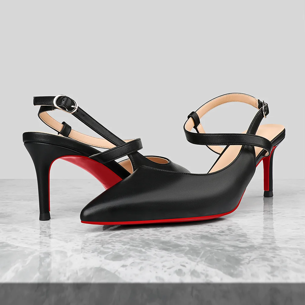 65mm Women Slingback Pumps Prom Sandals Kitten Heels Pointed Toe Dress Matte Red Bottoms Shoes