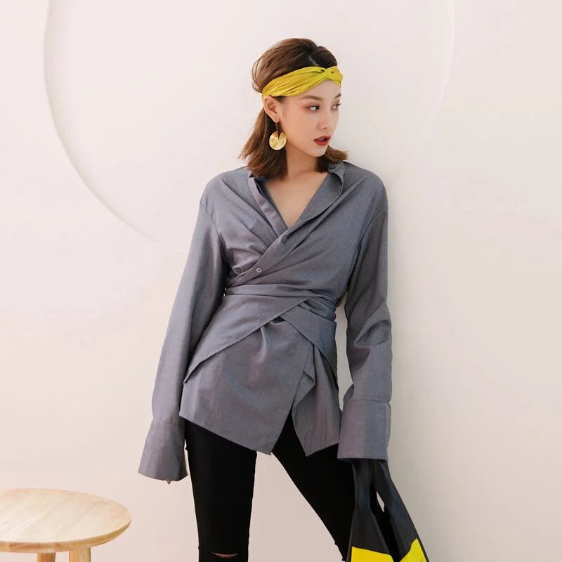 2019 Streetwear Irregular Hem Women Shirt With Sashes V-Neck Sexy Loose Office Lady Top Gray Split Fashion Femina BlusaT91031R