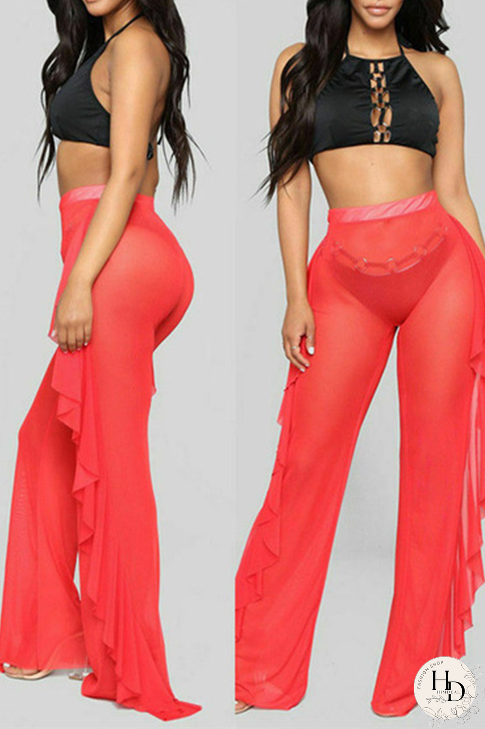 Black Sexy Solid Flounce Straight Mid Waist Straight Solid Color Bottoms