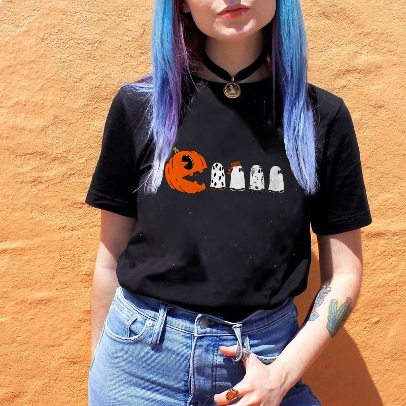 Pumpkin Ghost Print Women's Fashion T-shirt - Krazyskull
