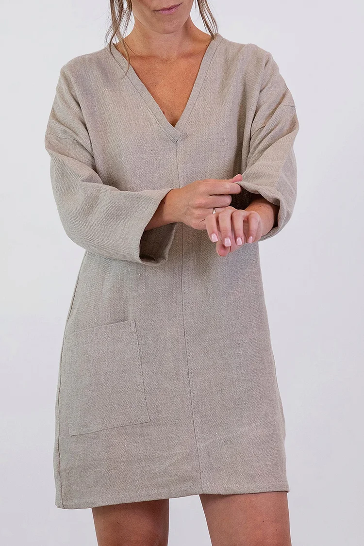 V Neck Long Sleeve Solid Color Pocket Linen Mini Dresses [Pre Order]