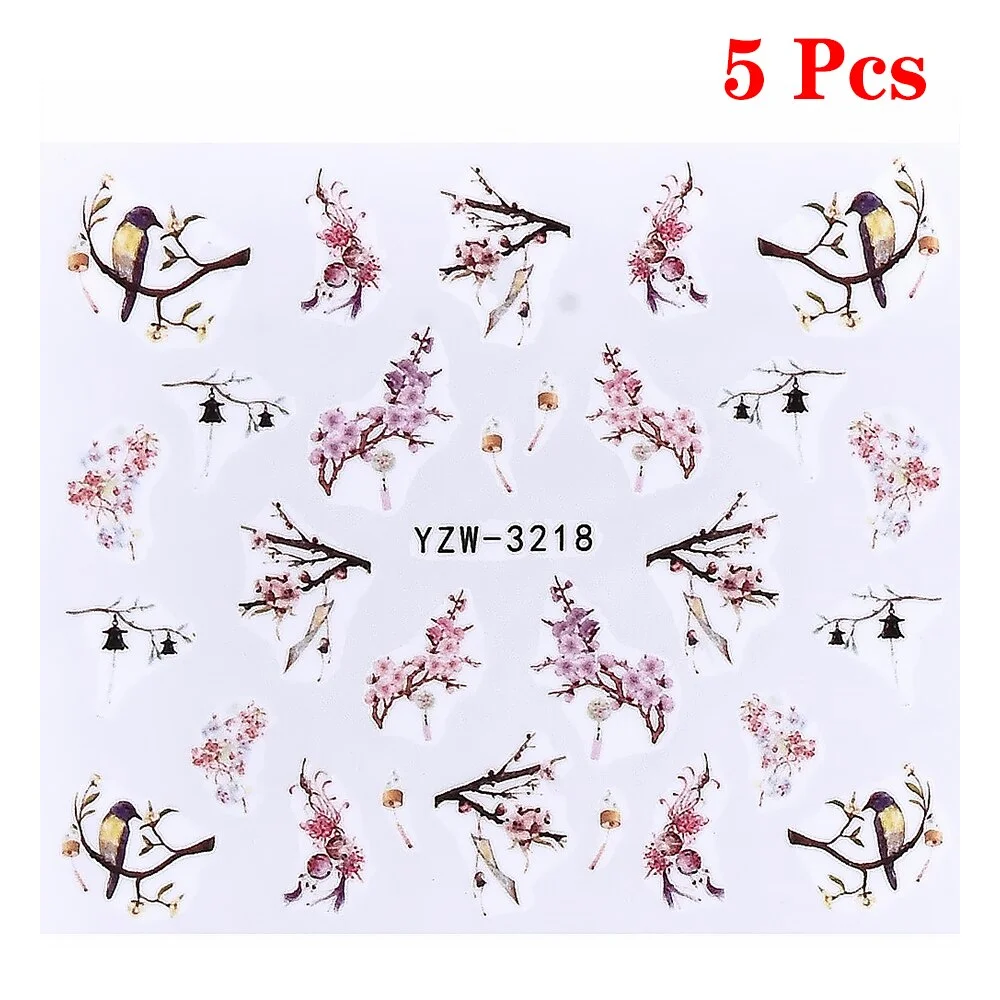 5 Pcs Flower Water Nail Stickers Decals  Wind-Bell Butterfly Phalaenopsis Transfer Tip Flora Painting Slider Manicure Decoration-Nail Inspo