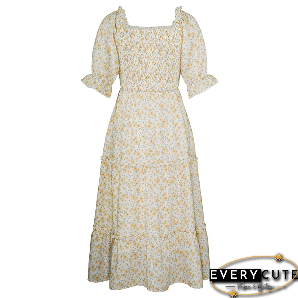 Yellow Square Neck Swing Floral Dress