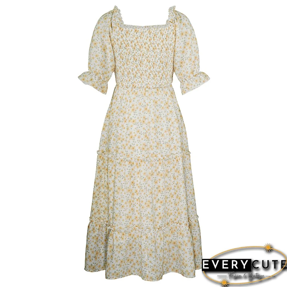 Yellow Square Neck Swing Floral Dress