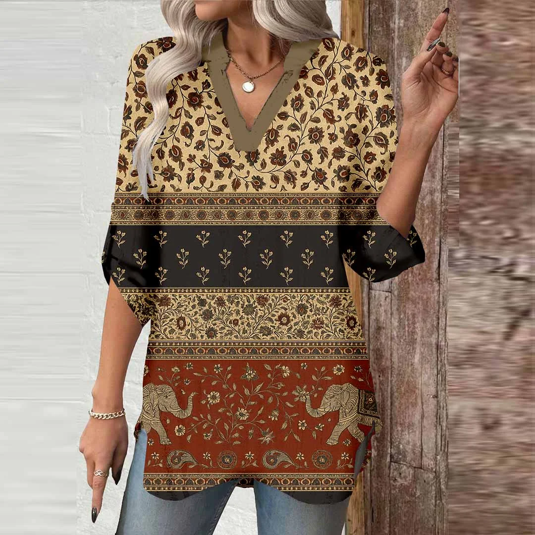 Women Floral,Patchwork DZGA0015 3/4 Sleeve V-neck Printed Graphic Button Tops