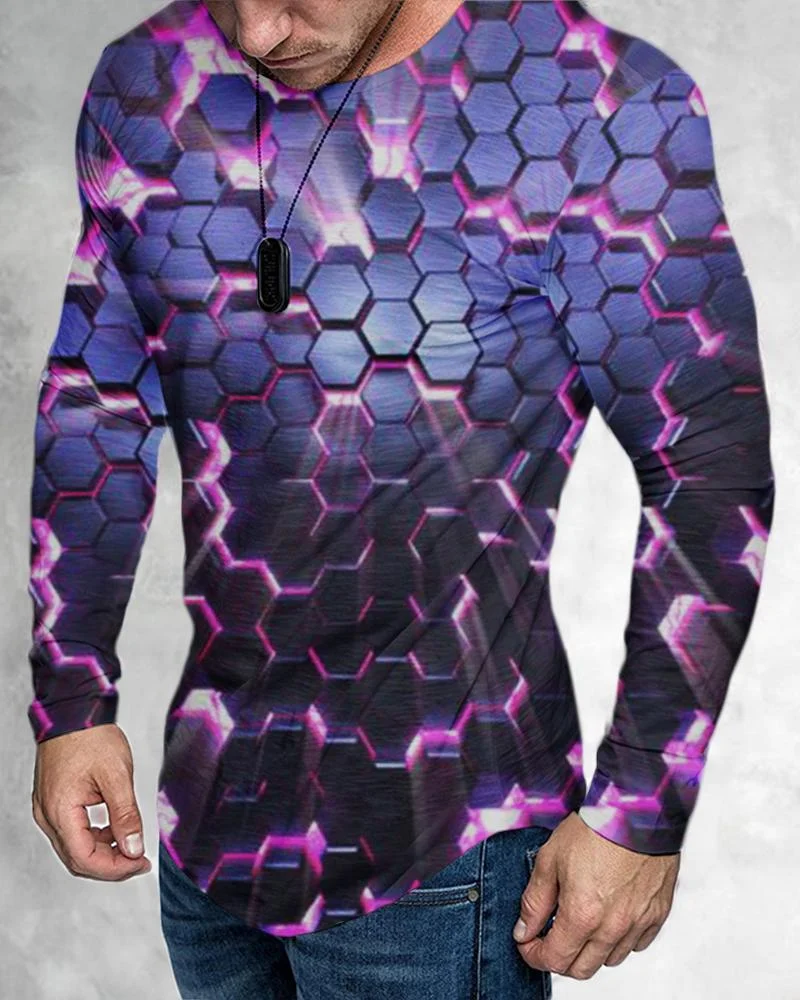 Men's Casual Long Sleeved Creative Purple Geometric Printing T-shirt