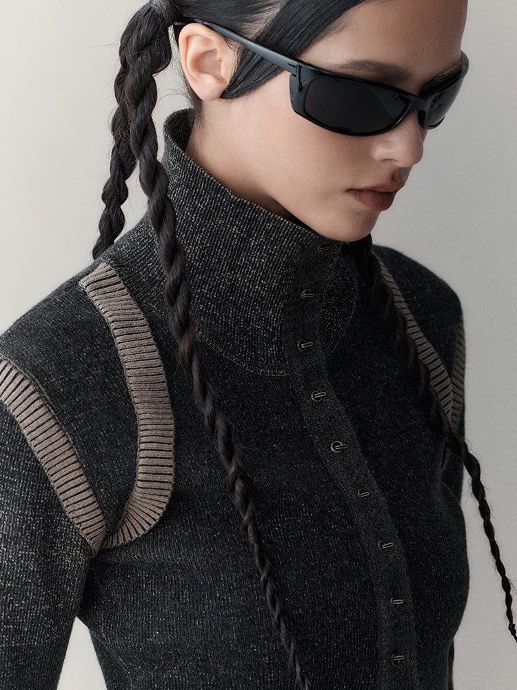 Brownm High Neck Slim Long Sleeve Knit