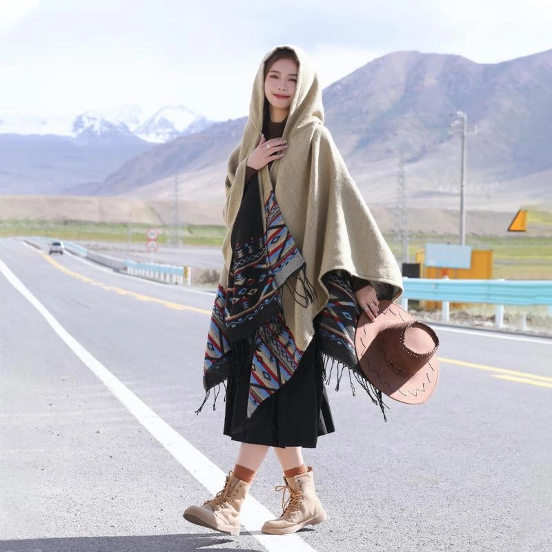 Ethnic Style Hooded Shawl Cloak Lijiang Xinjiang Tibet Northwest Tourism Wear Photograph Warm Outer Cape