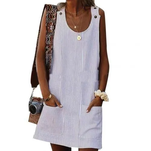 5XL Mini Summer Dress Women Summer Plus Size Striped Loose Sleeveless Mini Dress with Pockets Ladies Holiday Party Sundress