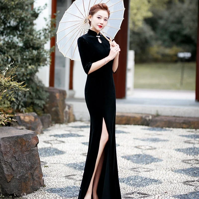 Qipao for event, velvet material, fish tail full length Qipao