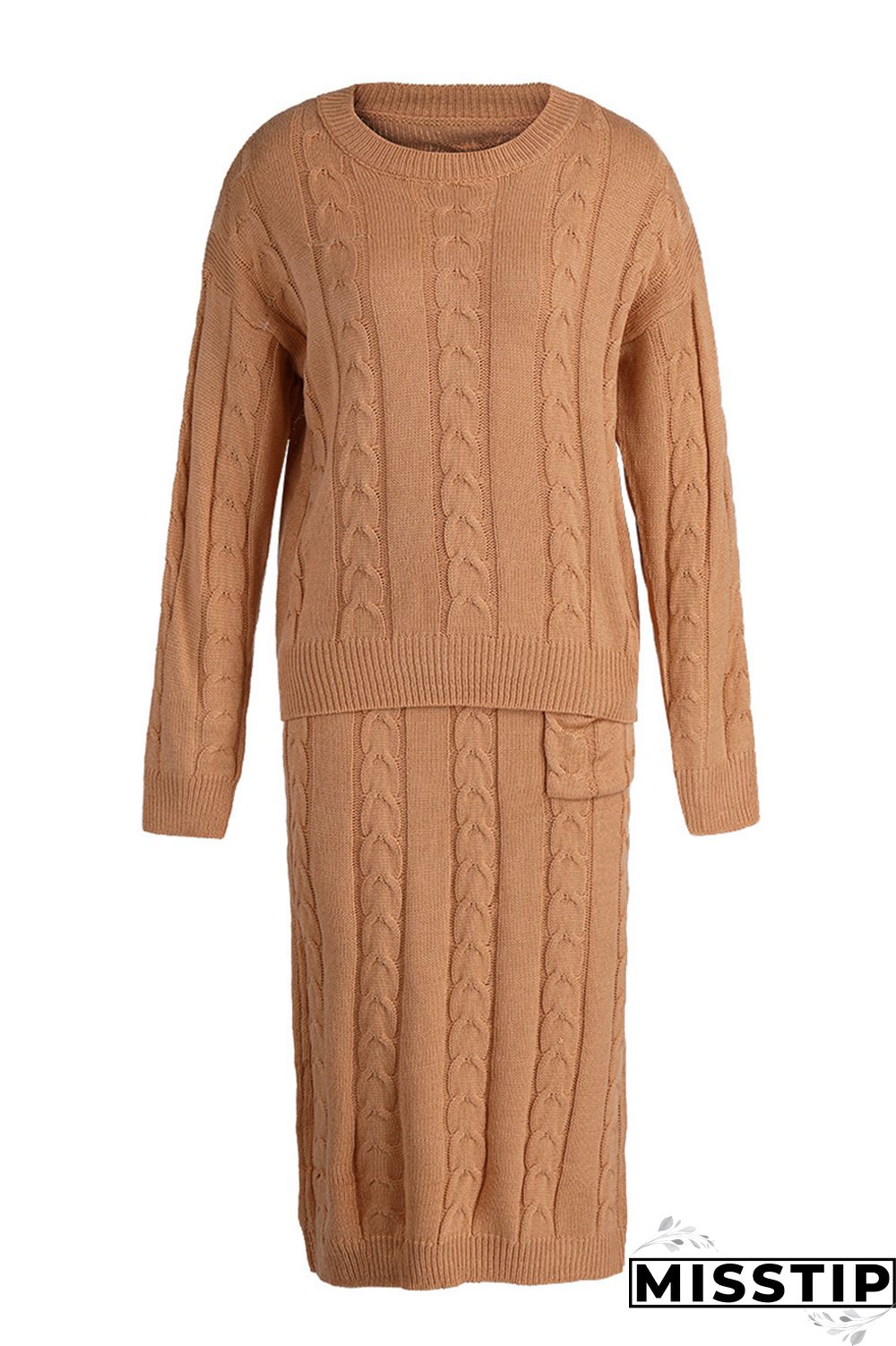 Apricot Fashion Casual Solid Patchwork O Neck Long Sleeve Two Pieces