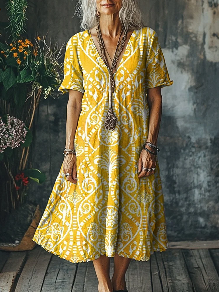 Women's  Flowers Art  Print Pocket Cotton Dress