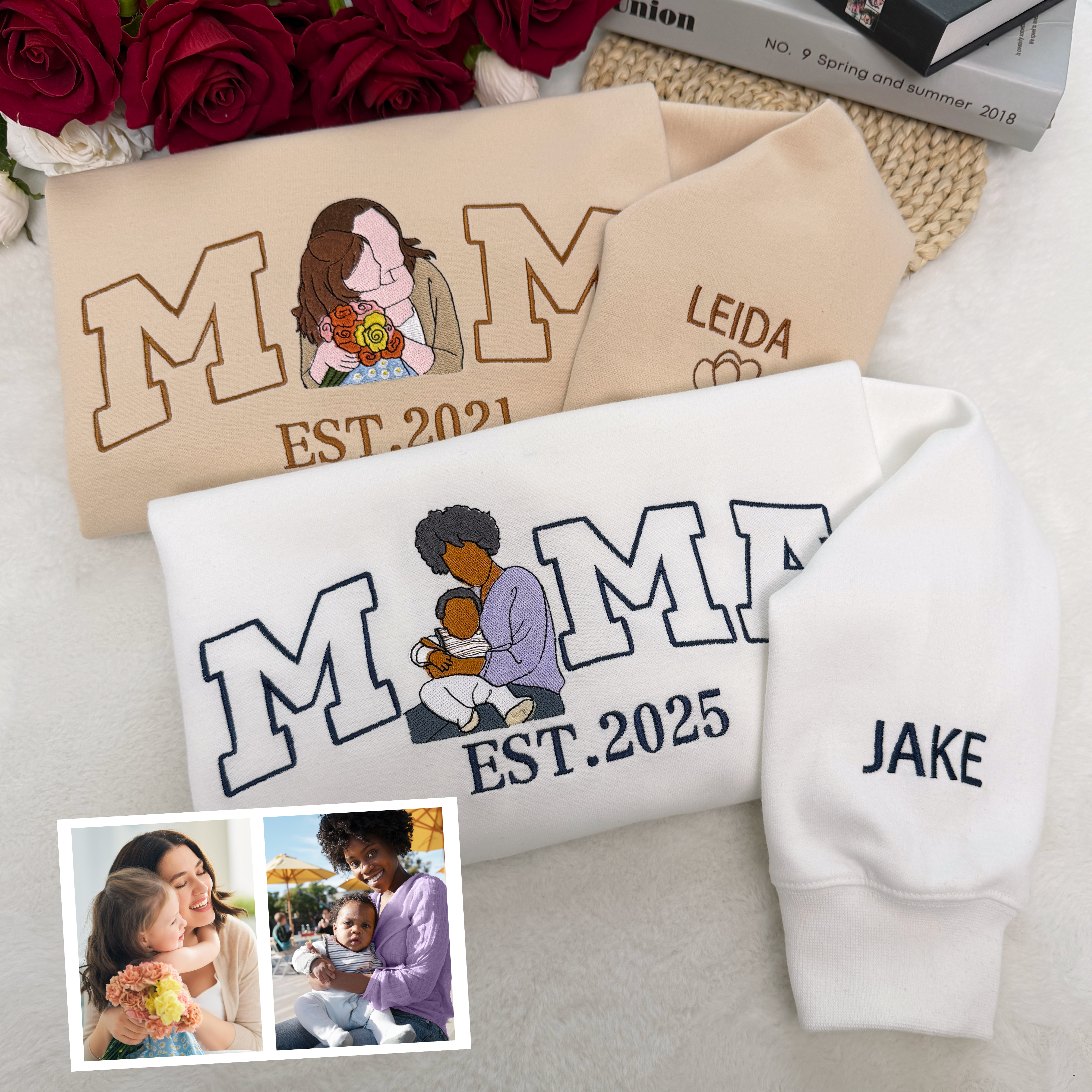Mama,Mum T-shirt with Photo, Custom Embroidered Sweatshirt Mama and Kids Portrait.