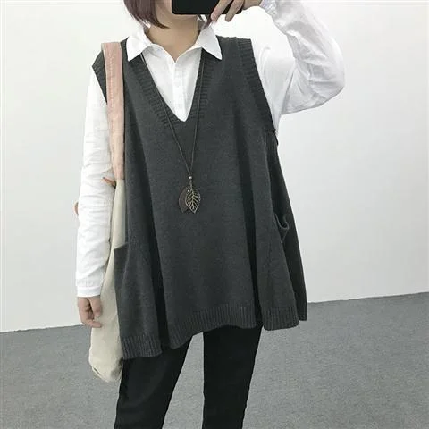 Plus Size 4XL Women Sweater Vest V-neck Solid Pockets Knitted Loose All Match Pullover Casual Elegant Trendy Japanese Style Chic