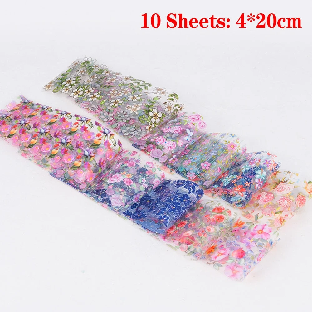 10Pcs/Set Fashion Nail Foil Stickers Set Women for Nails Rose Blue Flowers Art Stick Decals Transfer Sticker Decoration DIY