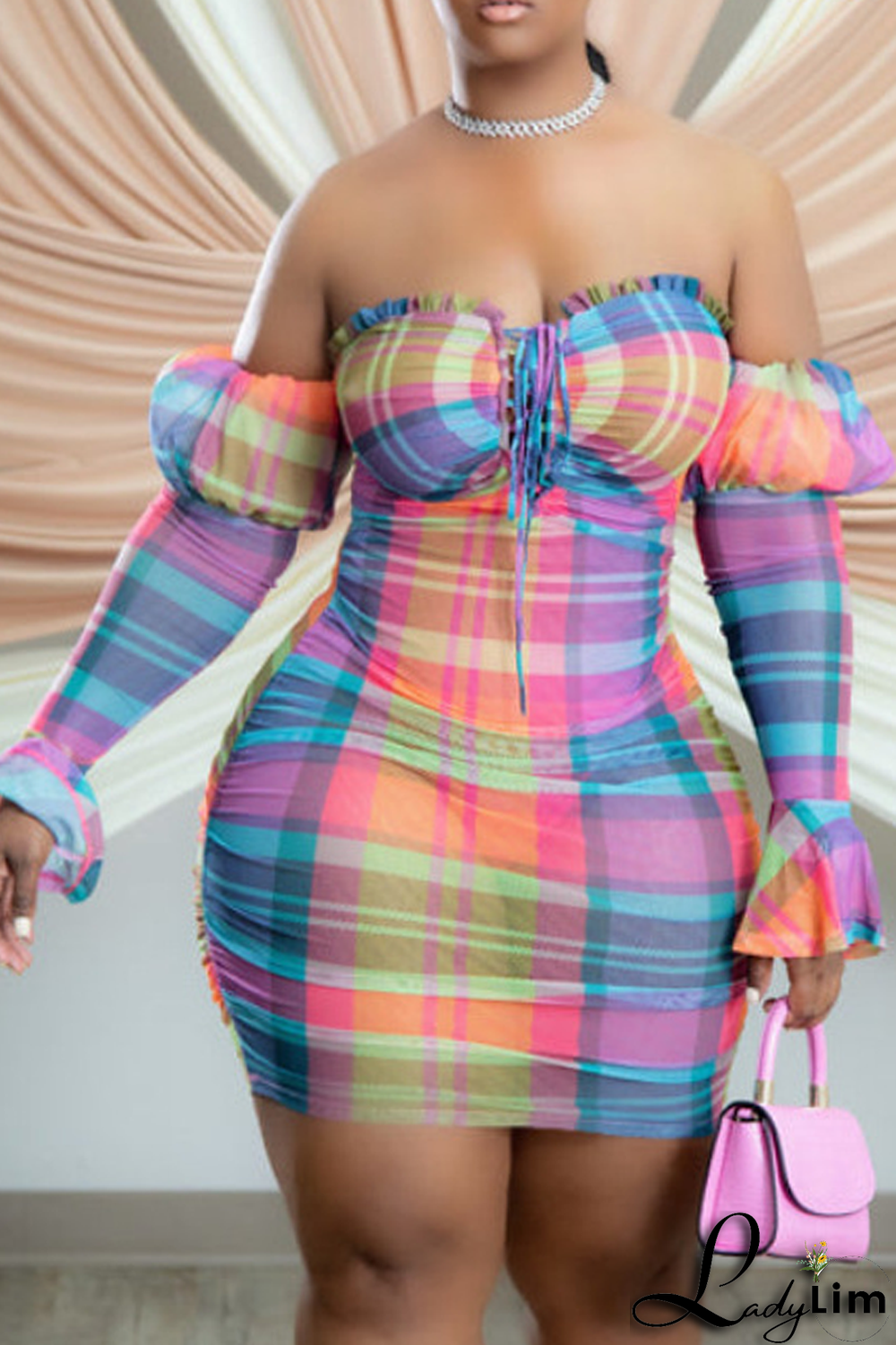 Blue Sexy Plaid Split Joint Off the Shoulder Pencil Skirt Dresses