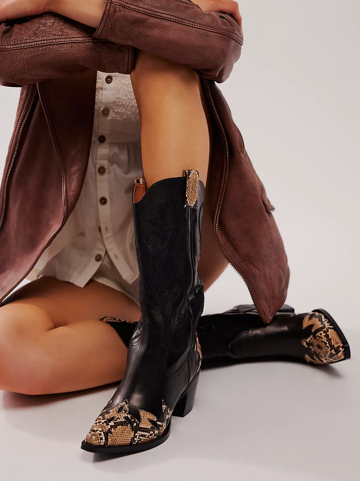Taafo Black Snip-Toe Snakeskin Applique Western Embroidery Wide Mid Calf Tall Cowgirl Boots