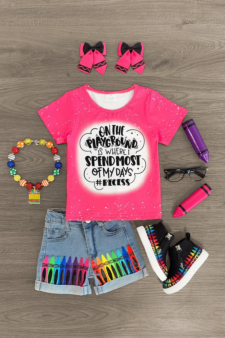 "#Recess" Pink Crayon Denim Short Set