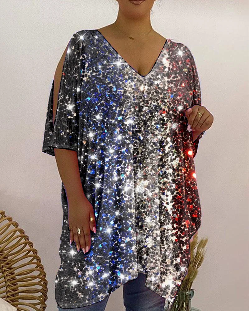 Casual V-Neck Loose Flag Sequins Print T-Shirt