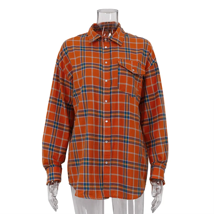 Ueong Ueong 2023 Women's College Style Orange Plaid Shirt Women's Loose Pocket Lapel Long-Sleeved Shirt