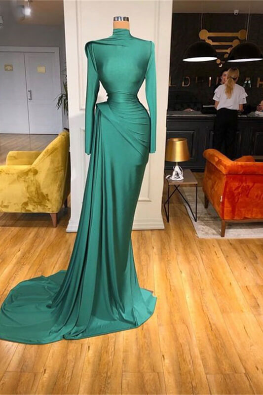 Oknass Long Sleeves Green High Neck Prom Dress Mermaid With Ruffle