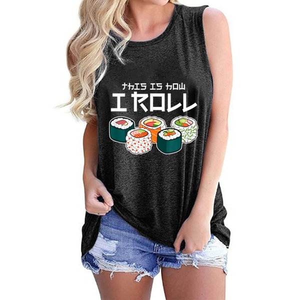 New Women Fashion Summer Sleeveless Casual Top Sushi Print Round Neck Tank Top Casual Vest Loose T-Shirt Plus Size - Shop Trendy Women's Clothing | LoverChic