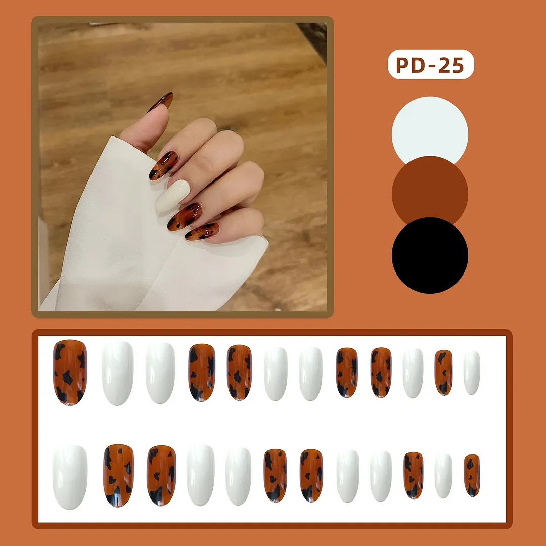 24pcs Leopard Theme Full Cover False Nail Tips Black Heart Line Transparent Stiletto French Fake Nails With Glue Detachable Tips-Nail Inspo