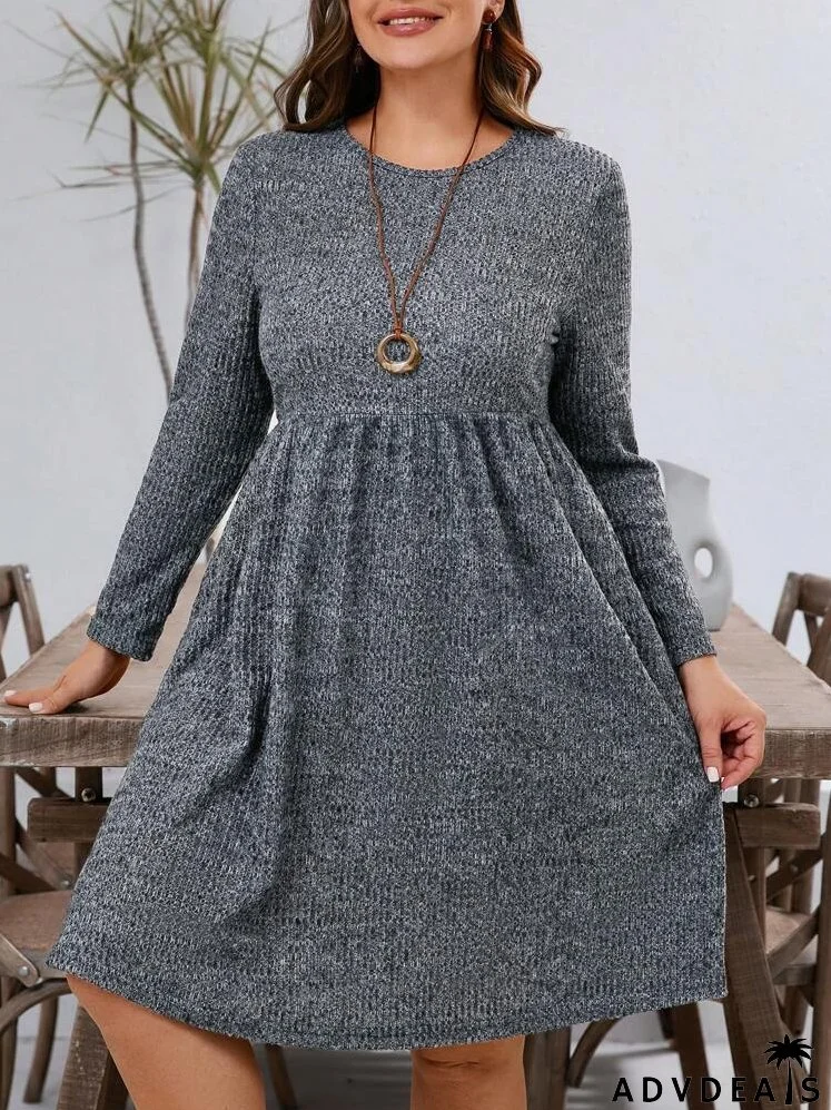 Plus Size Plain Round Neck Pocket Casual Long Sleeve Fall Dress