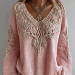 Vintage Pink Tree Of Life V Neck Cozy Knit Sweater - Image 2