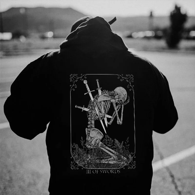 III Of Swords Skull Printed Men's Hoodie -  