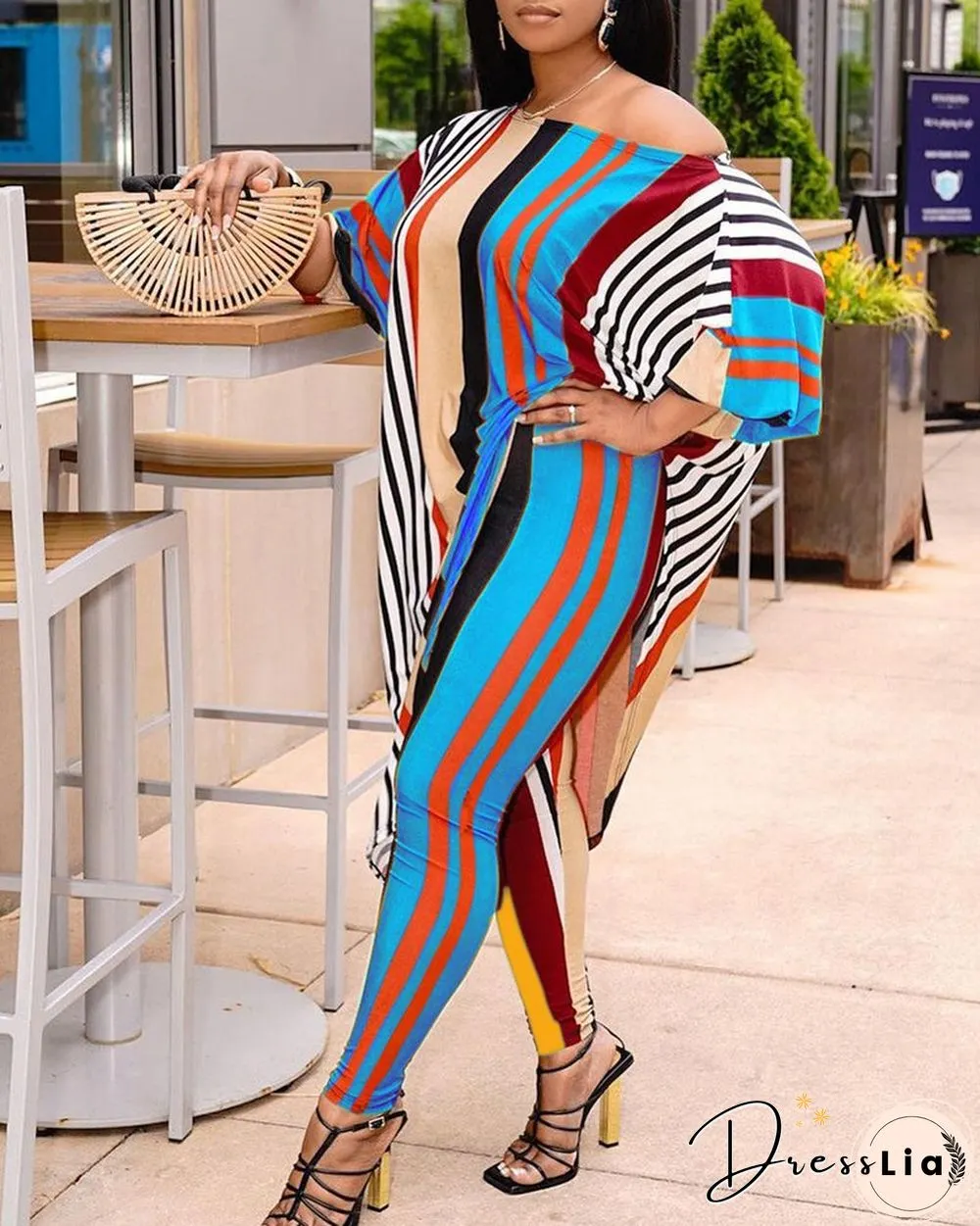 Color Block Striped Long Sleeve Blouse With Pants Suit Sets