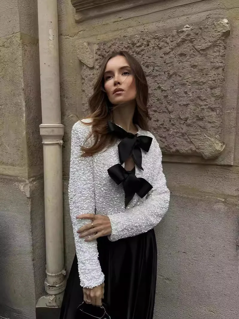 Nigikala Nigikala Women's Clothing 2025 Winter New Fashion Round-Necked Squint Bow Trim Short Coat G80131