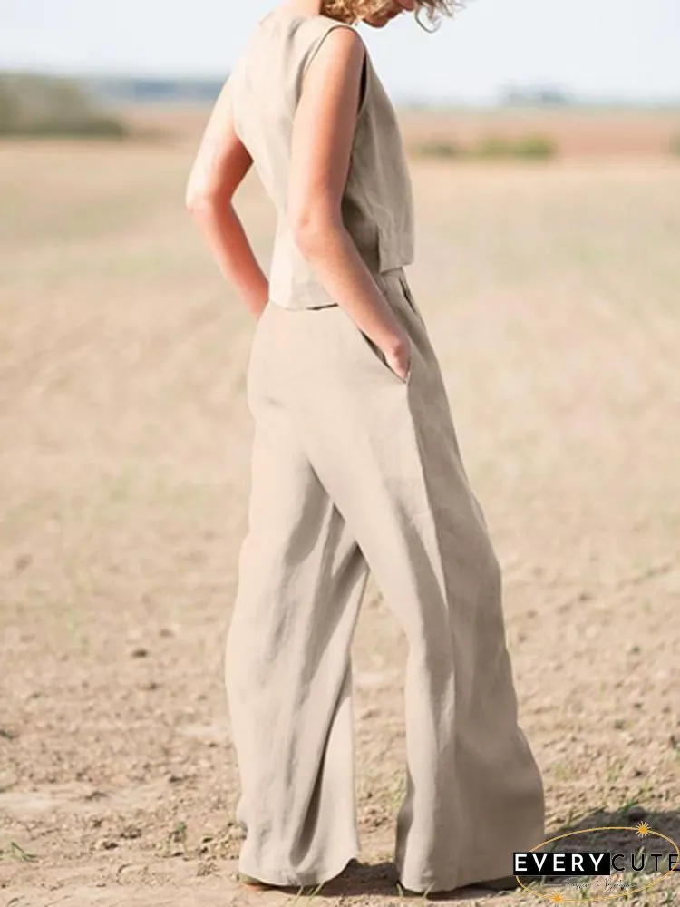 Solid Sleeveless Blouse Pants Set