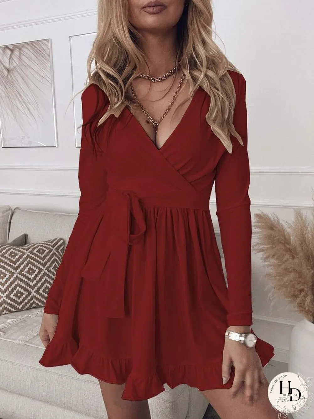 Women'S Dresses Slim Fit Deep V Neck Long Sleeve Mini Dress