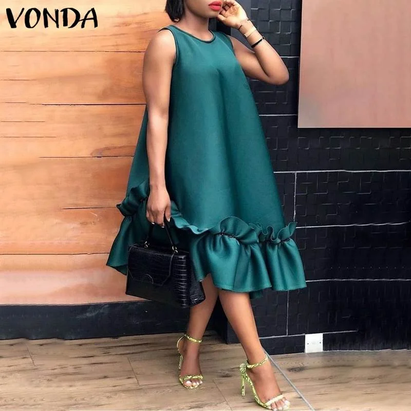 VONDA Summer Bohemian Dress Vintage Solid Maxi Long Dress Party Sundress 2022 VONDA Casual Vestidos Femme Loose Robe