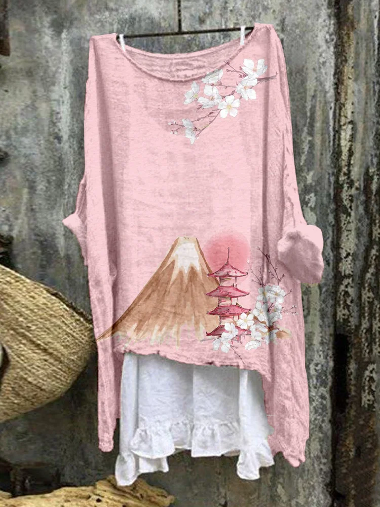 Comstylish Mount Fuji and Cherry Blossoms Art Linen Blend Flowy Tunic