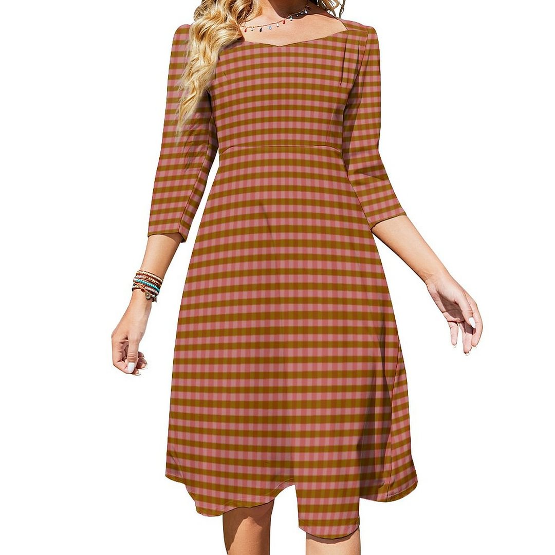 Rustic Autumn Plaid Geometric Pattern Dress Sweetheart Tie Back Flared 3/4 Sleeve Midi Dresses