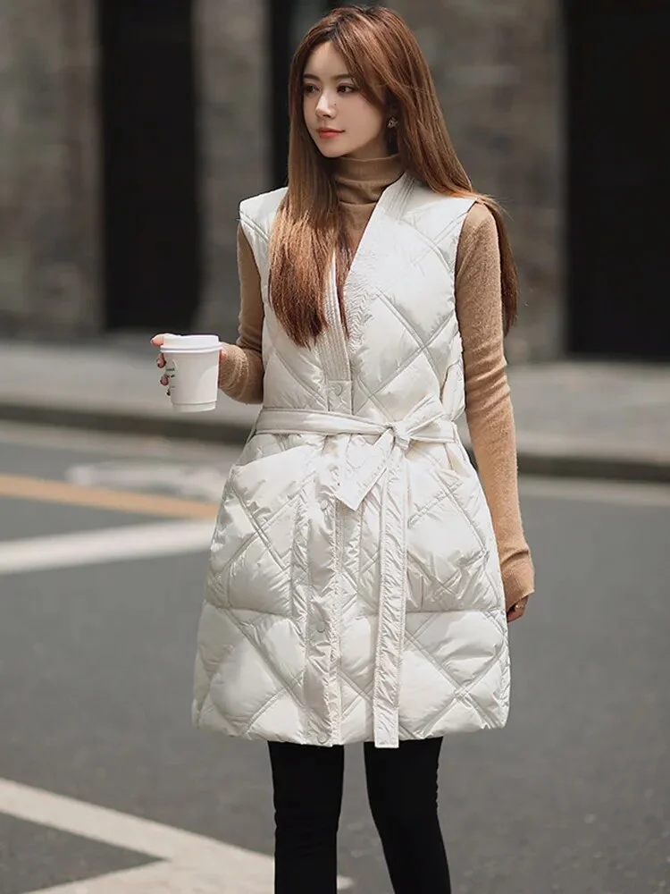 Qjong Winter Cotton Padded Bodywarm Down Puffer Vest With Belt Lightweight Sleeveless Jakcet Women Plus Size Coat Outerwear