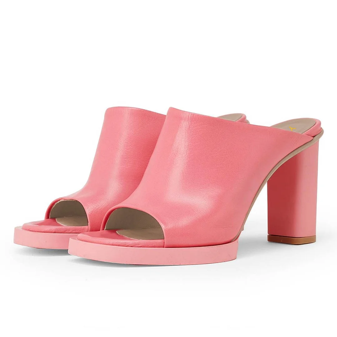 Pink Vegan Leather Chunky Heel Open Toe Women's Slide Sandals