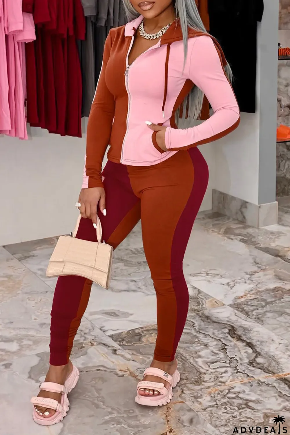 Deep Blue Casual Solid Split Joint Zipper Hooded Collar Long Sleeve Two Pieces