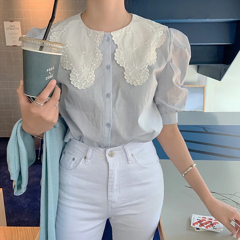 2021 Korean Summer Women's Blouse Short Sleeve Chic Turn-down Collar Patchwork Tops Fashion Sweet Embroidery Loose Shirts 13846