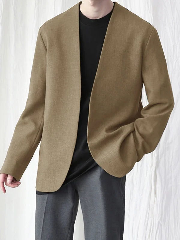 Aonga - Mens Collarless Loose Casual Long Sleeve Blazer