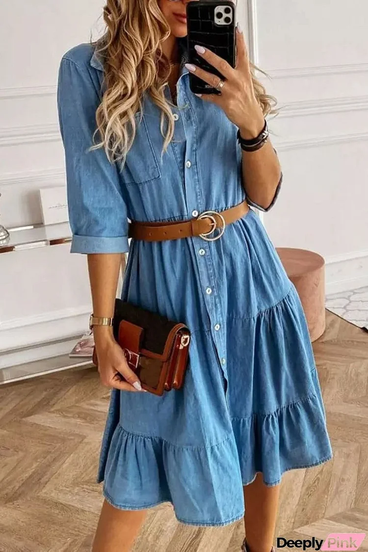 Ruffled Denim Full Buttoned Midi Dress