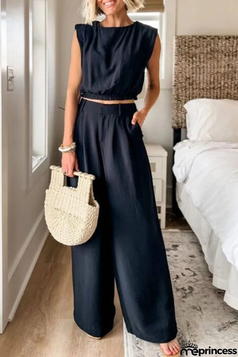 Casual Solid Pocket O Neck Sleeveless Two Pieces