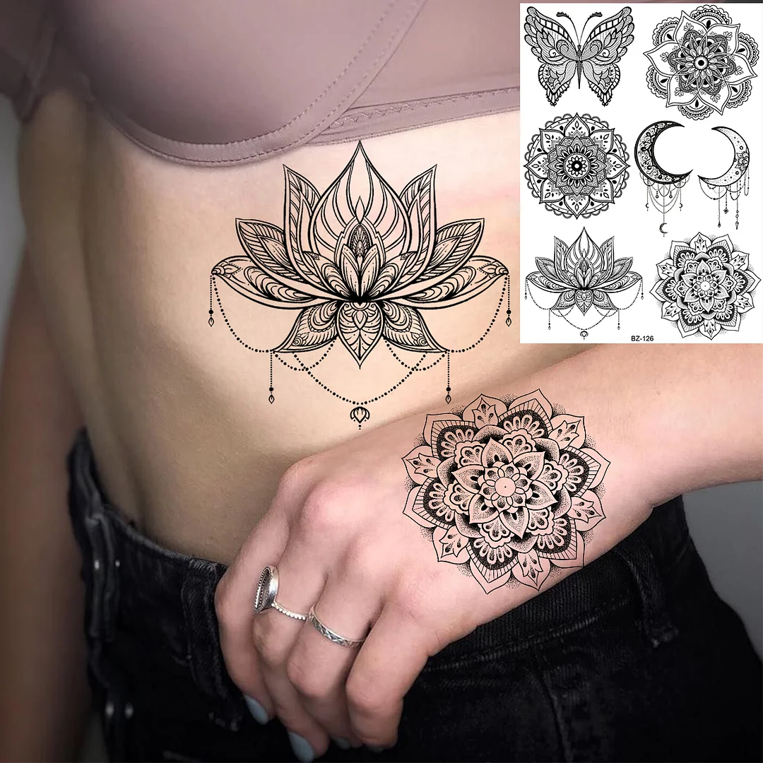 Sdrawing Lace Fingers Henna Mandala Temporary Tattoos For Women Adult Butterfly Pendant Fake Tattoo Sticker Body Art Tatoo