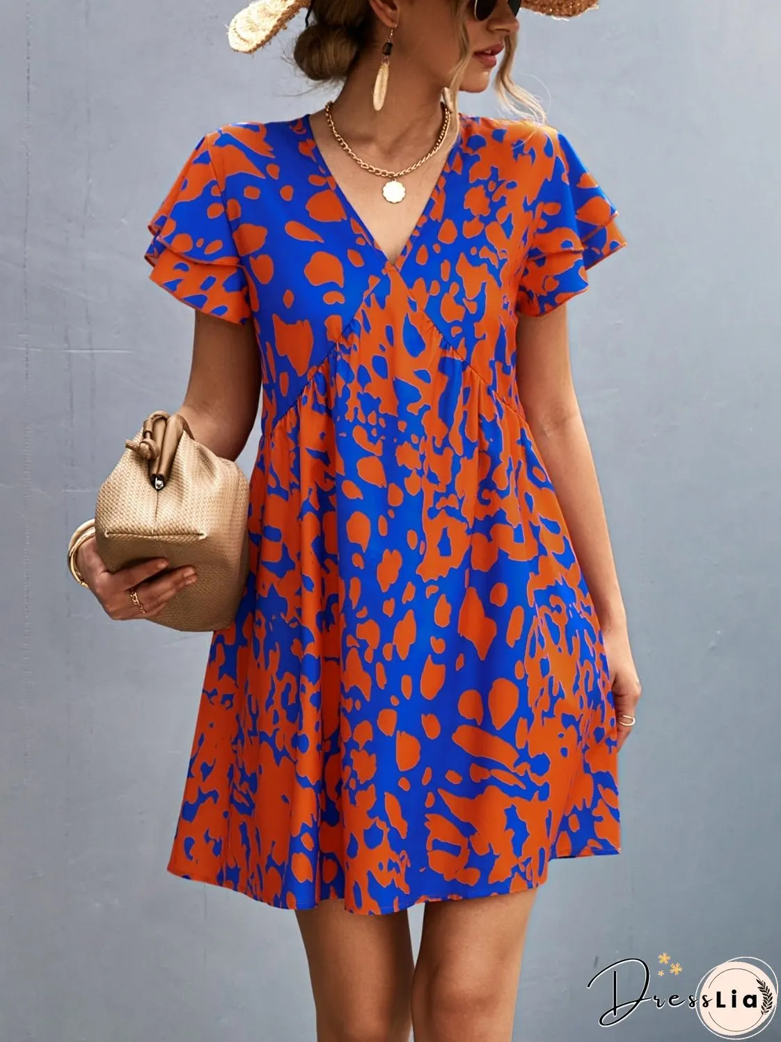 Ruffled Printed V-Neck Short Sleeve Mini Dress